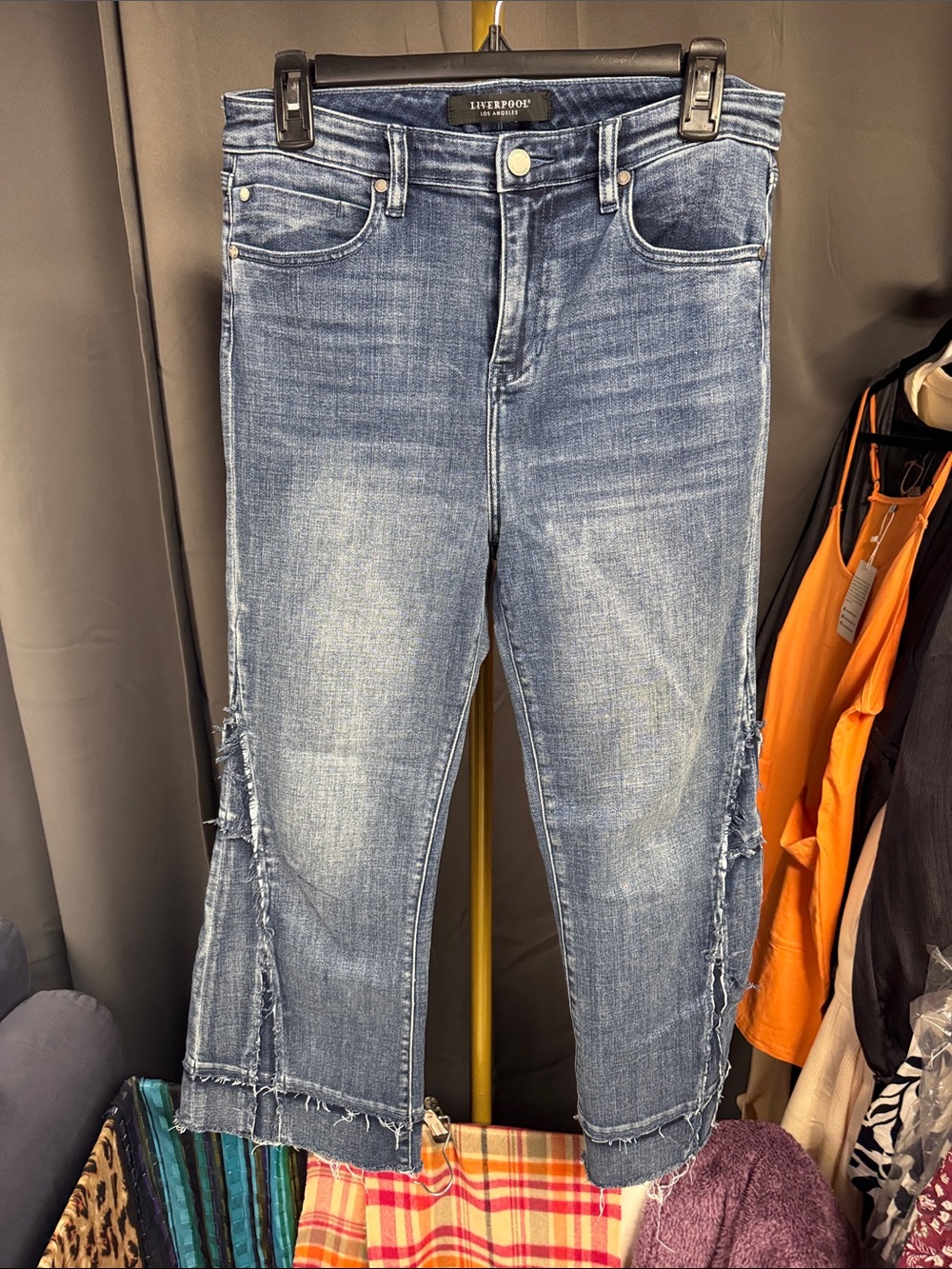 Liverpool Cropped Frayed Hem Jeans in Medium Blue Wash